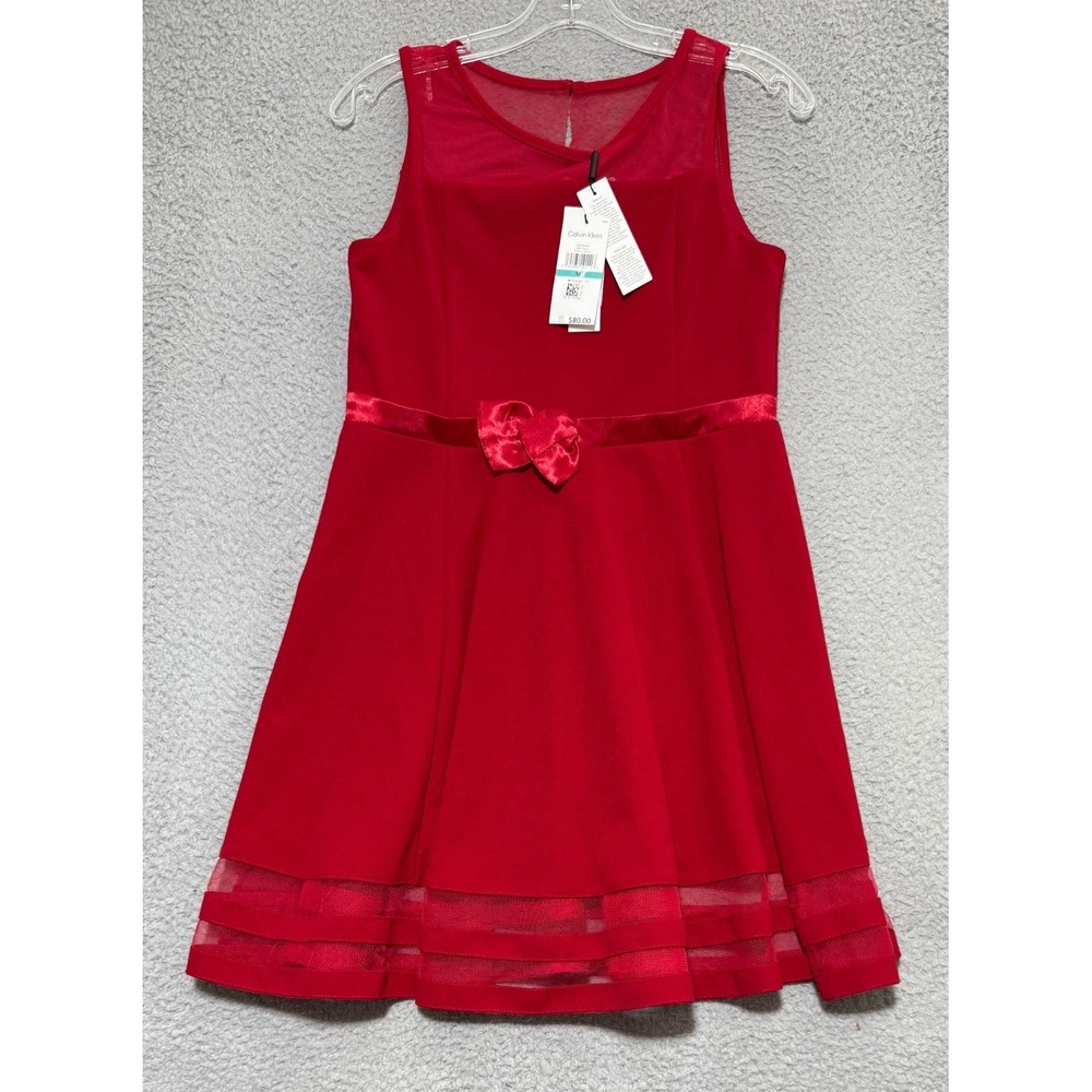 NEW Calvin Klein Girls Sleeveless Red Party Dress Fit & Flare Round Neck Size 16